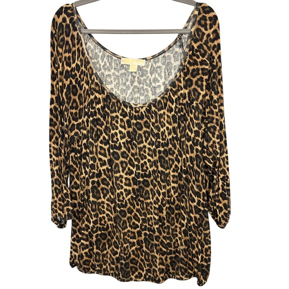 Michael Kors Tops - Michael Michael Kors Leopard Print Scoop Neck‎ 3/4 Sleeve Blouse Brown Large